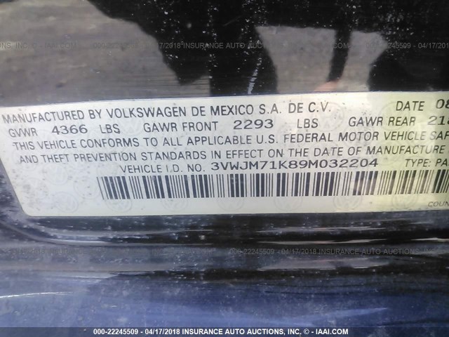 3VWJM71K89M032204 - 2009 VOLKSWAGEN JETTA S 黑色 照片 9