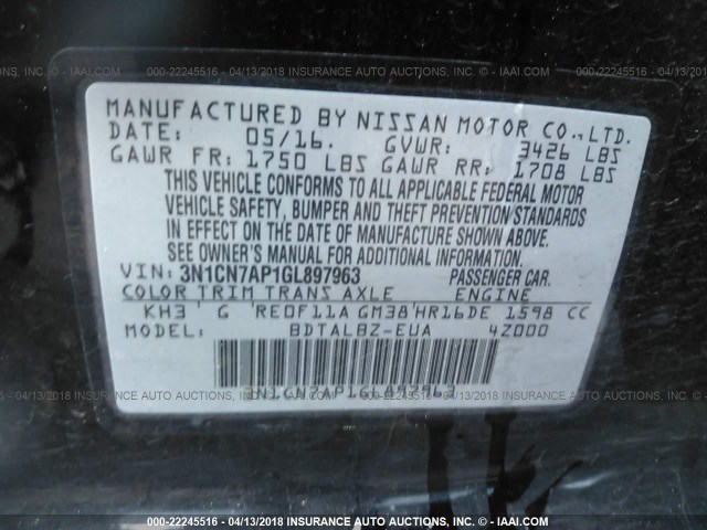 3N1CN7AP1GL897963 - 2016 NISSAN VERSA S/S PLUS/SV/SL BLACK photo 9