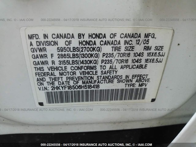 2HKYF18506H518418 - 2006 HONDA PILOT EX WHITE photo 9