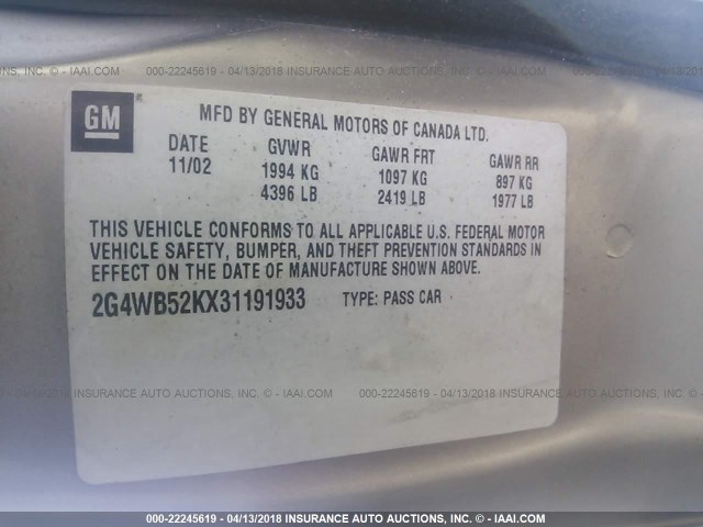 2G4WB52KX31191933 - 2003 BUICK REGAL LS 香槟色 照片 9