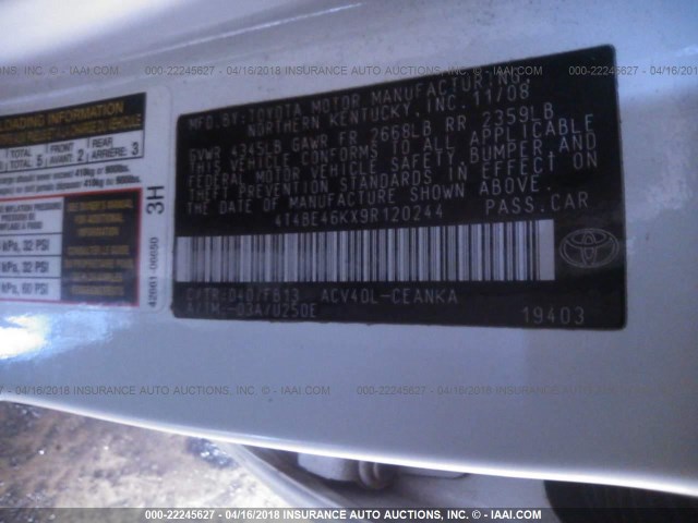 4T4BE46KX9R120244 - 2009 TOYOTA CAMRY SE/LE/XLE 白色 照片 9