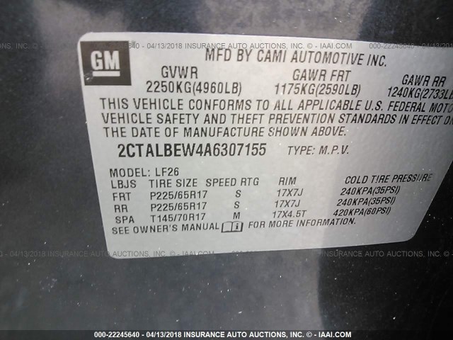 2CTALBEW4A6307155 - 2010 GMC TERRAIN SLE GRAY photo 9