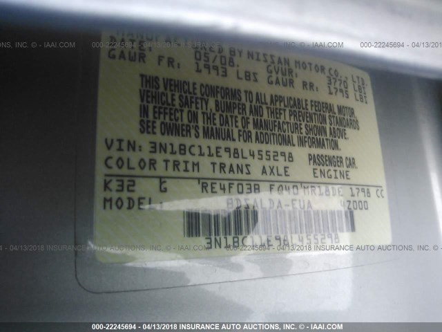 3N1BC11E98L455298 - 2008 NISSAN VERSA S/SL GOLD photo 9