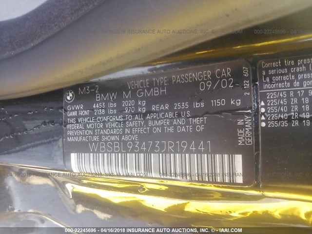 WBSBL93473JR19441 - 2003 BMW M3 BLUE photo 9