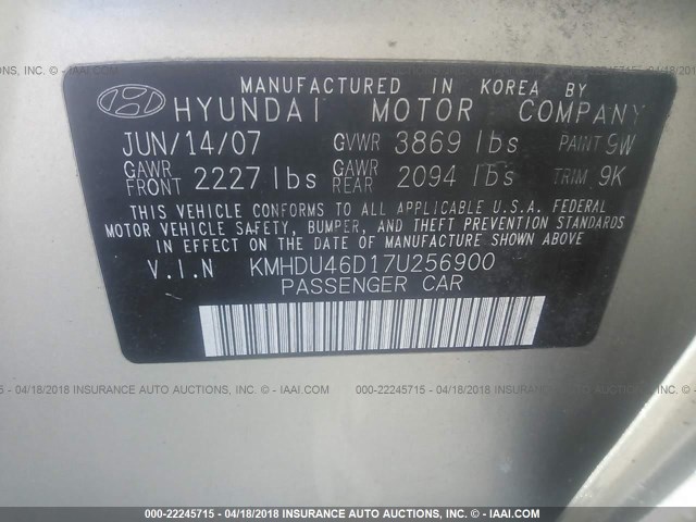 KMHDU46D17U256900 - 2007 HYUNDAI ELANTRA GLS/SE/LIMITED GOLD photo 9