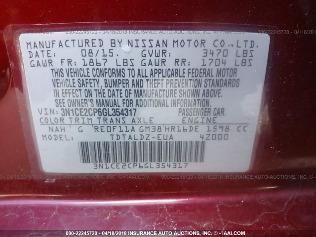 3N1CE2CP6GL354317 - 2016 NISSAN VERSA NOTE S/S PLUS/SV/SL/SR RED photo 9