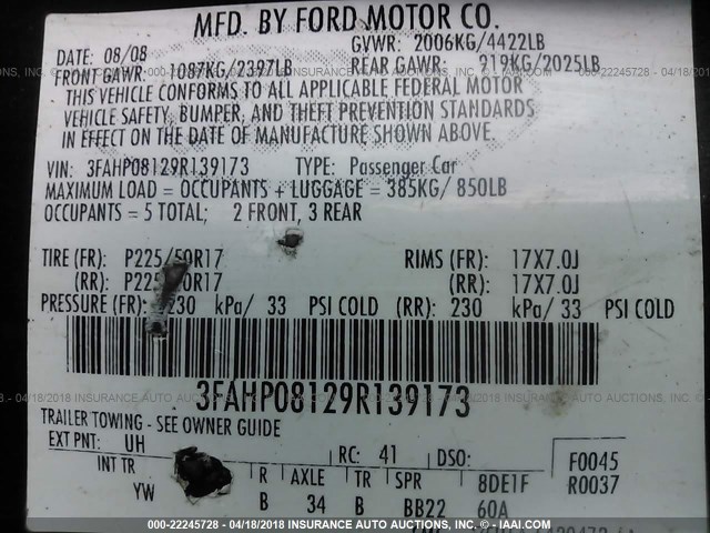 3FAHP08129R139173 - 2009 FORD FUSION SEL BLACK photo 9