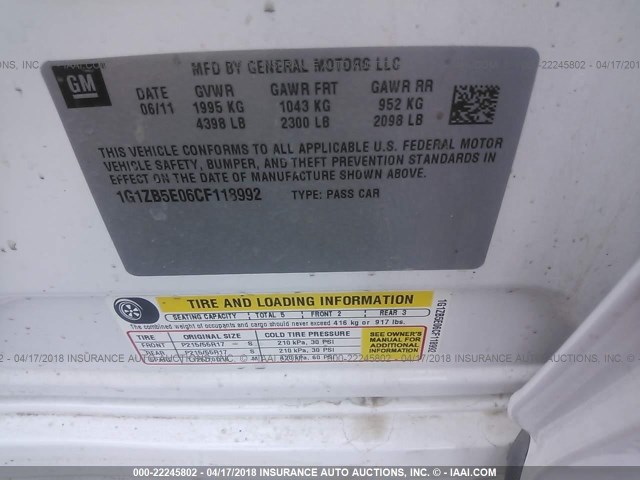 1G1ZB5E06CF118992 - 2012 CHEVROLET MALIBU LS WHITE photo 9