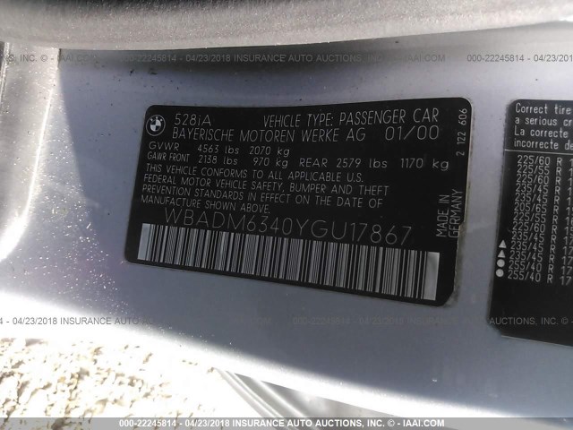 WBADM6340YGU17867 - 2000 BMW 528 I AUTOMATIC SILVER photo 9