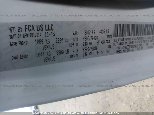 1C4NJCEA1GD620011 - 2016 JEEP COMPASS LATITUDE 白色 照片 9