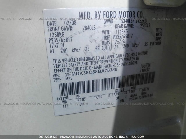 2FMDK38C58BA78338 - 2008 FORD EDGE SEL CREAM photo 9