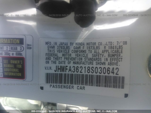 JHMFA36218S030642 - 2008 HONDA CIVIC HYBRID WHITE photo 9