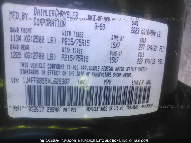 1J4FF68S9XL629387 - 1999 JEEP CHEROKEE SPORT/CLASSIC მწვანე ფოტო 9