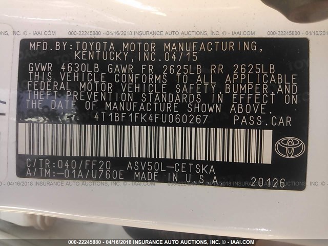 4T1BF1FK4FU060267 - 2015 TOYOTA CAMRY LE/XLE/SE/XSE თეთრი ფოტო 9