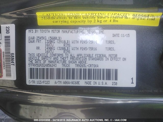 5TFRX5GN3GX056243 - 2016 TOYOTA TACOMA ACCESS CAB/SR/SR5 ნაცრისფერი ფოტო 9