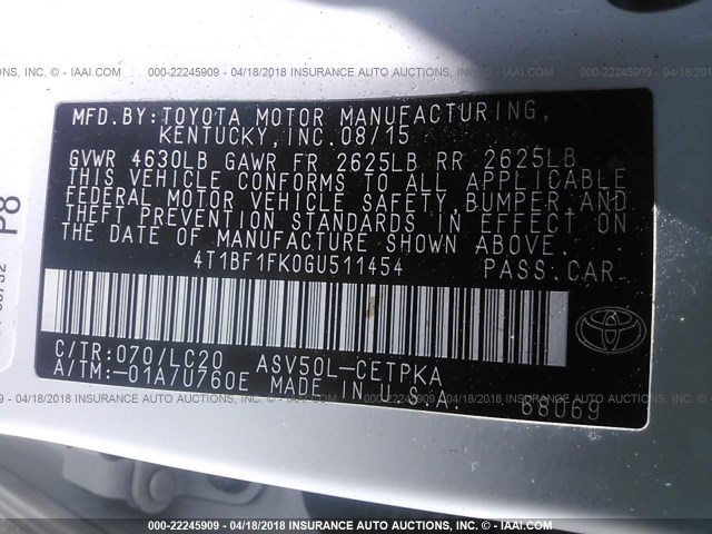 4T1BF1FK0GU511454 - 2016 TOYOTA CAMRY LE/XLE/SE/XSE WHITE photo 9