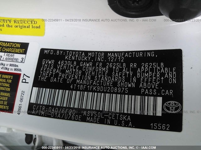 4T1BF1FK9DU208975 - 2013 TOYOTA CAMRY L/SE/LE/XLE 白色 照片 7