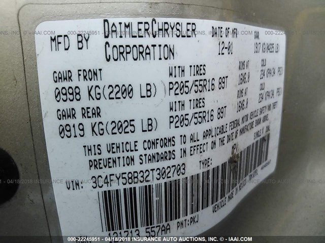 3C4FY58B32T302703 - 2002 CHRYSLER PT CRUISER TOURING Champagne photo 9