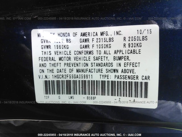 1HGCR2F55GA059911 - 2016 HONDA ACCORD SPORT ლურჯი ფოტო 9