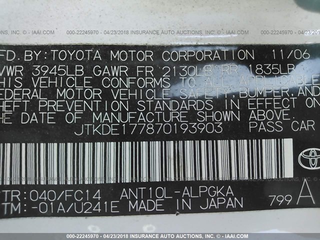 JTKDE177870193903 - 2007 TOYOTA SCION TC 白色 照片 9