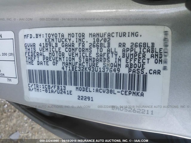 4T1BE32K93U137649 - 2003 TOYOTA CAMRY LE/XLE/SE SILVER photo 9