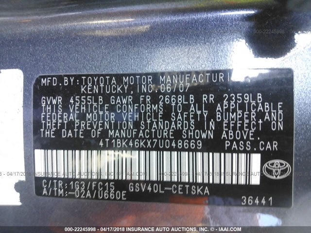 4T1BK46KX7U048669 - 2007 TOYOTA CAMRY NEW GENERAT LE/XLE/SE GRAY photo 9