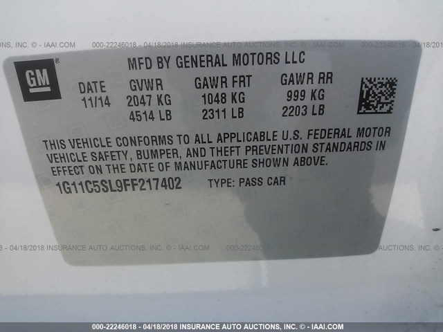 1G11C5SL9FF217402 - 2015 CHEVROLET MALIBU 1LT WHITE photo 9