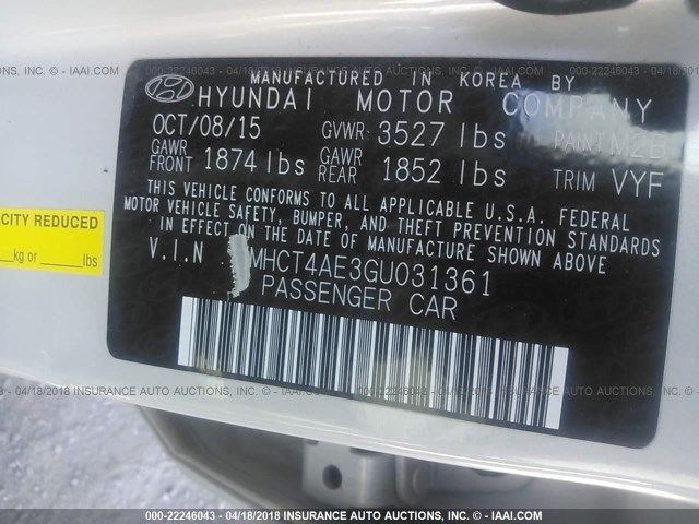 KMHCT4AE3GU031361 - 2016 HYUNDAI ACCENT SE SILVER photo 9