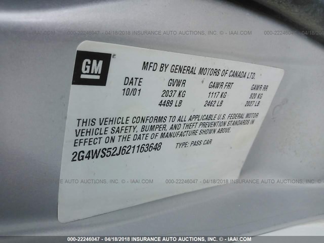 2G4WS52J621163648 - 2002 BUICK CENTURY CUSTOM SILVER photo 9