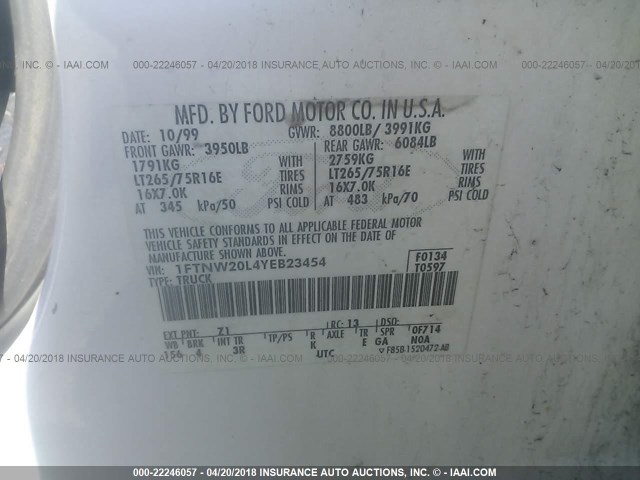 1FTNW20L4YEB23454 - 2000 FORD F250 SUPER DUTY WHITE photo 9