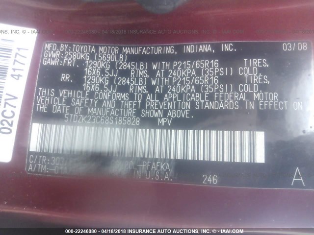 5TDZK23C68S185828 - 2008 TOYOTA SIENNA CE/LE BURGUNDY photo 9