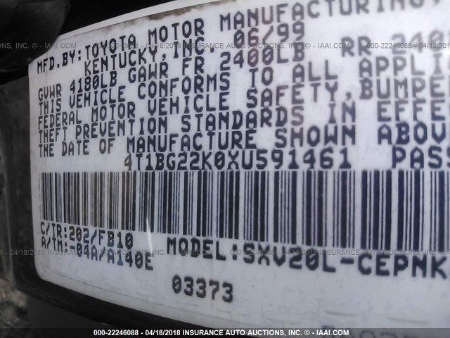 4T1BG22K0XU591461 - 1999 TOYOTA CAMRY CE/LE/XLE 黑色 照片 9