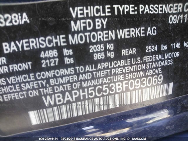 WBAPH5C53BF093069 - 2011 BMW 328 I SULEV BLUE photo 9