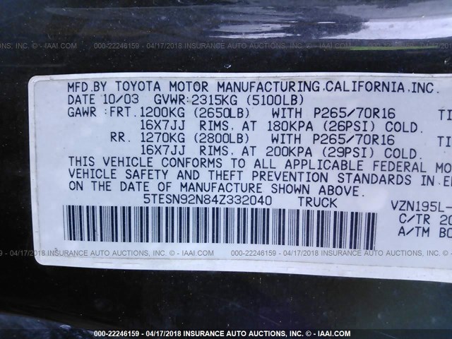 5TESN92N84Z332040 - 2004 TOYOTA TACOMA XTRACAB PRERUNNER შავი ფოტო 9