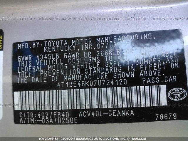 4T1BE46K07U724120 - 2007 TOYOTA CAMRY NEW GENERAT CE/LE/XLE/SE BROWN photo 9