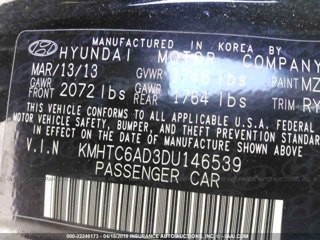 KMHTC6AD3DU146539 - 2013 HYUNDAI VELOSTER BLACK photo 9