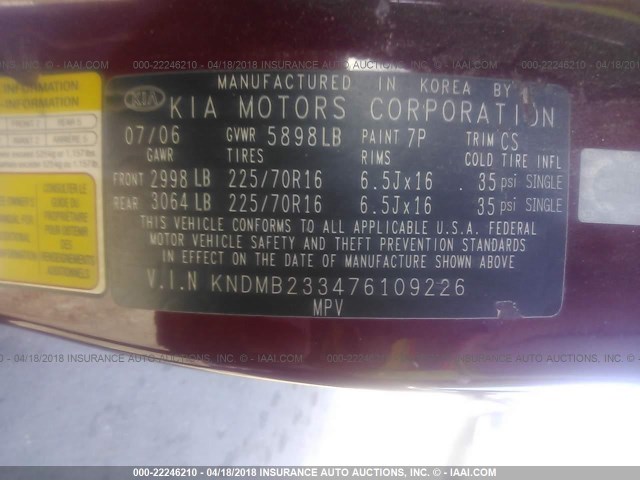 KNDMB233476109226 - 2007 KIA SEDONA EX/LX RED photo 9