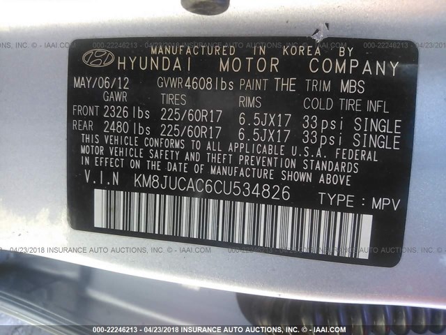 KM8JUCAC6CU534826 - 2012 HYUNDAI TUCSON GLS/LIMITED 浅蓝色 照片 9