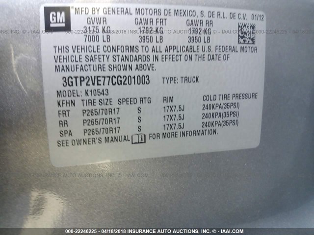 3GTP2VE77CG201003 - 2012 GMC SIERRA K1500 SLE GRAY photo 9