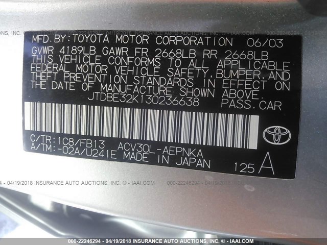 JTDBE32K130236638 - 2003 TOYOTA CAMRY LE/XLE SILVER photo 9