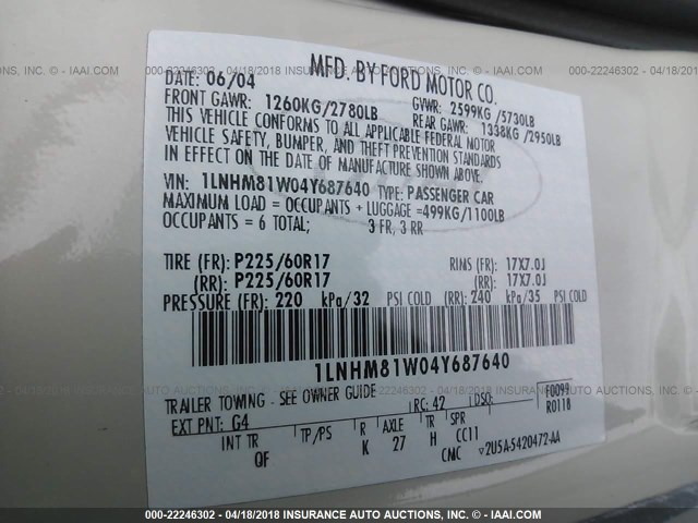 1LNHM81W04Y687640 - 2004 LINCOLN TOWN CAR EXECUTIVE/SIGNATURE თეთრი ფოტო 9