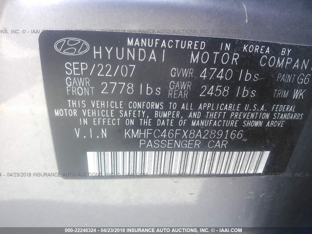 KMHFC46FX8A289166 - 2008 HYUNDAI AZERA SE/LIMITED GRAY photo 9