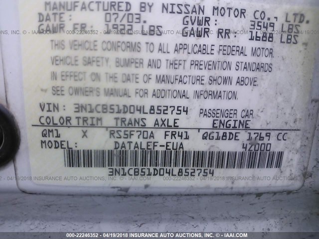 3N1CB51D04L852754 - 2004 NISSAN SENTRA 1.8/1.8S WHITE photo 9