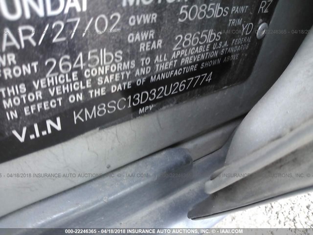 KM8SC13D32U267774 - 2002 HYUNDAI SANTA FE GLS/LX GRAY photo 9