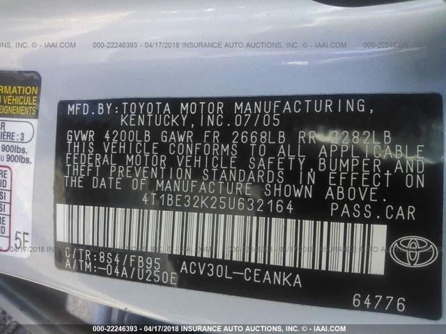 4T1BE32K25U632164 - 2005 TOYOTA CAMRY LE/XLE/SE Light Blue photo 9