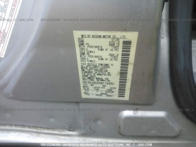 5N1BV28U05N119492 - 2005 NISSAN QUEST S/SE/SL SILVER photo 9