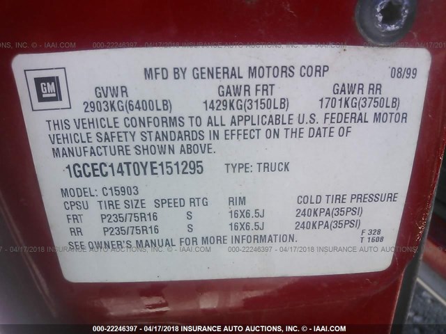 1GCEC14T0YE151295 - 2000 CHEVROLET SILVERADO C1500 RED photo 9