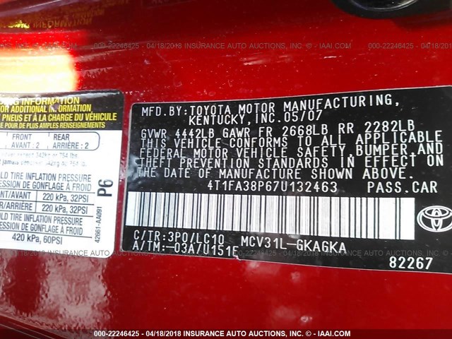 4T1FA38P67U132463 - 2007 TOYOTA CAMRY SOLARA SE/SLE RED photo 9