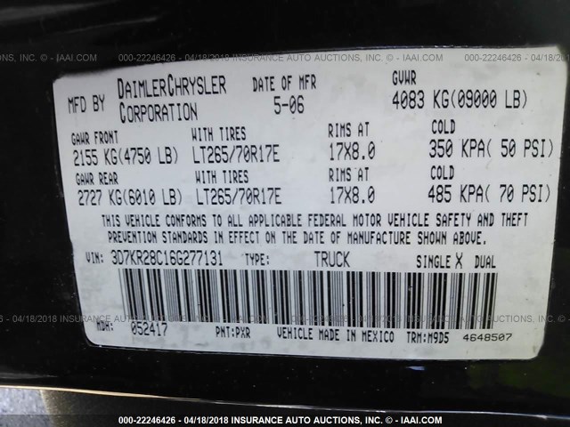3D7KR28C16G277131 - 2006 DODGE RAM 2500 ST/SLT 黑色 照片 9