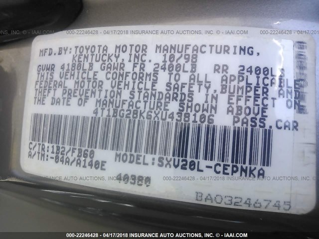 4T1BG28K6XU438106 - 1999 TOYOTA CAMRY CE/LE/XLE BEIGE photo 9